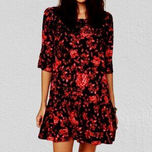 Free People Women Red Black Floral Cotton 3/4 Sleeves Short Dress, Ruffled